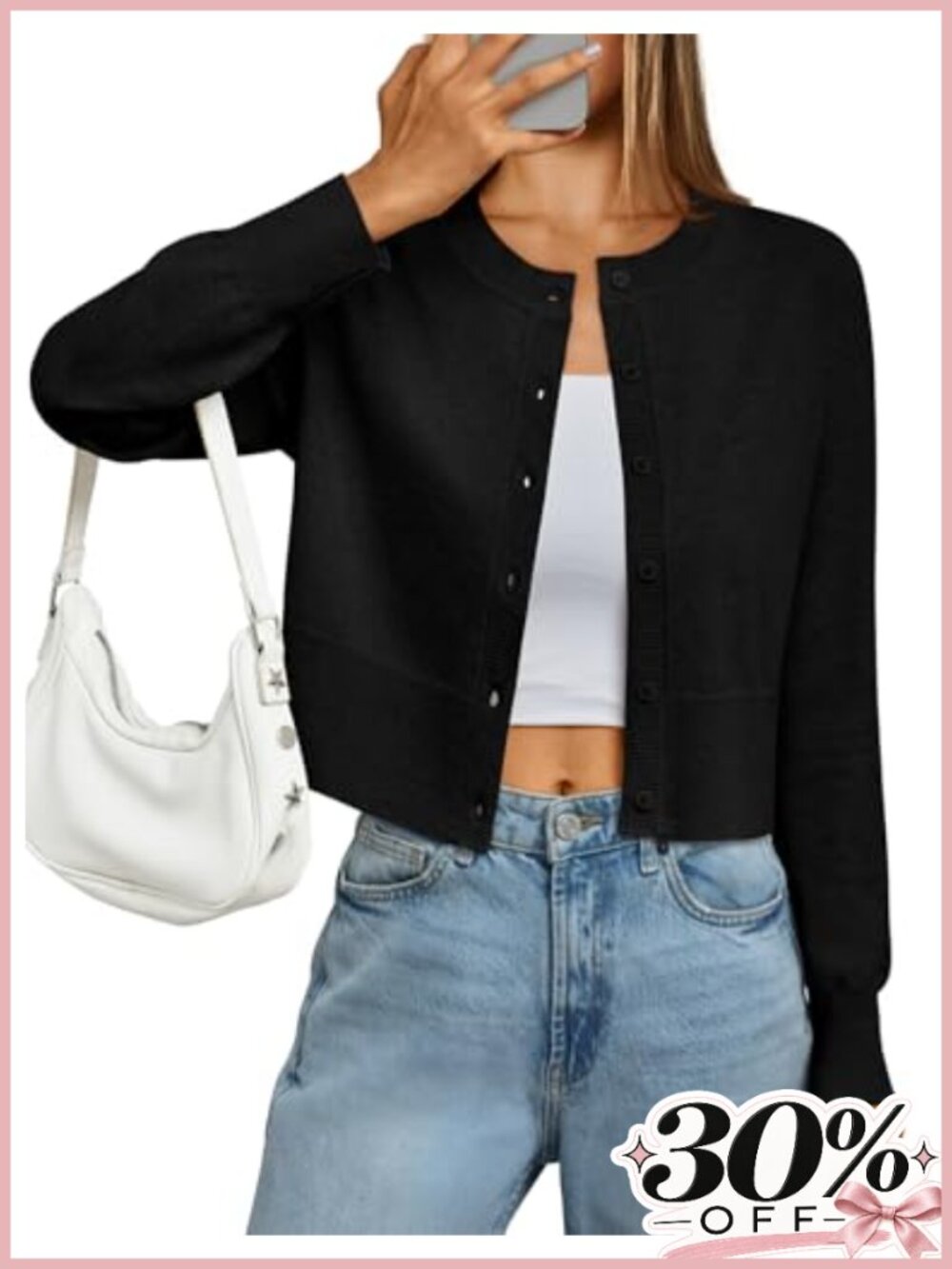 Cropped Lightweight Cardigan Button Up Crew Neck Knit Shrug